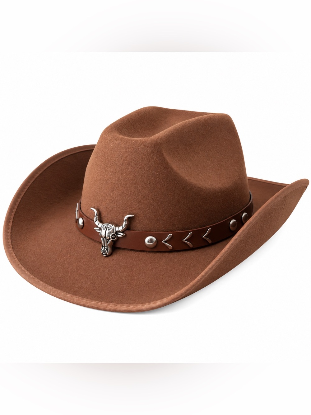 New Brown Western Cowboy Cowgirl Hat Faux Suede Longhorn Skull Studded Rodeo